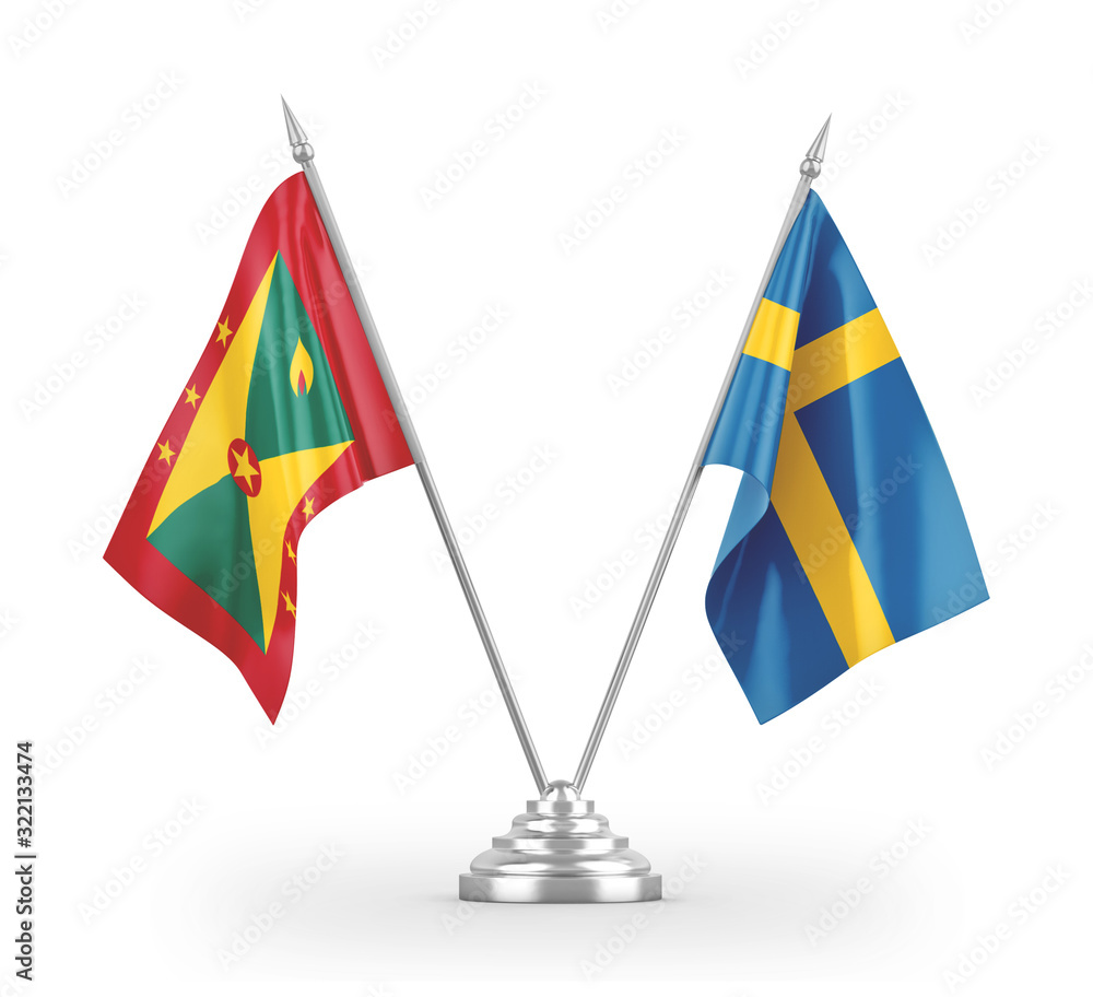 Sweden and Grenada table flags isolated on white 3D rendering Sweden and Grenada table flags isolated on white 3D rendering