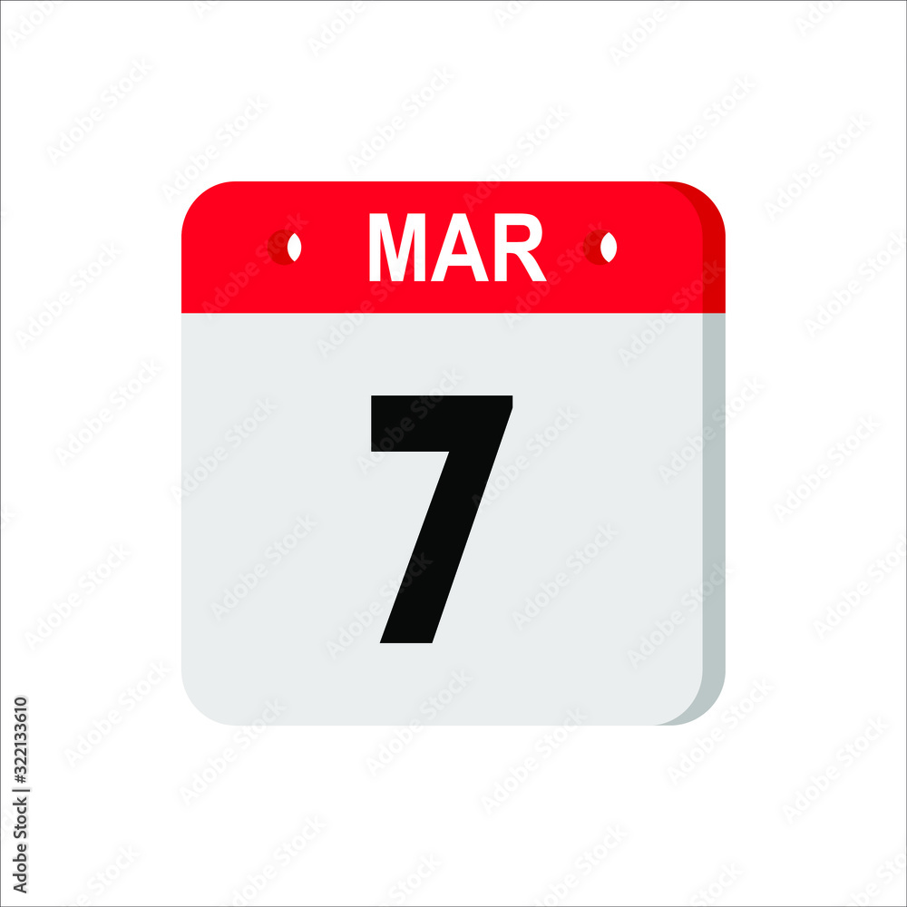 March 7 - Calendar Icon. Calendar Icon with shadow. Flat style. Date, day and month. Reminder. Vector illustration. Organizer application, app symbol. Ui. User interface sign. EPS 10 March 7 - Calendar Icon. Calendar Icon with shadow. Flat style. Date, day and month. Reminder. Vector illustration. Organizer application, app symbol. Ui. User interface sign. EPS 10