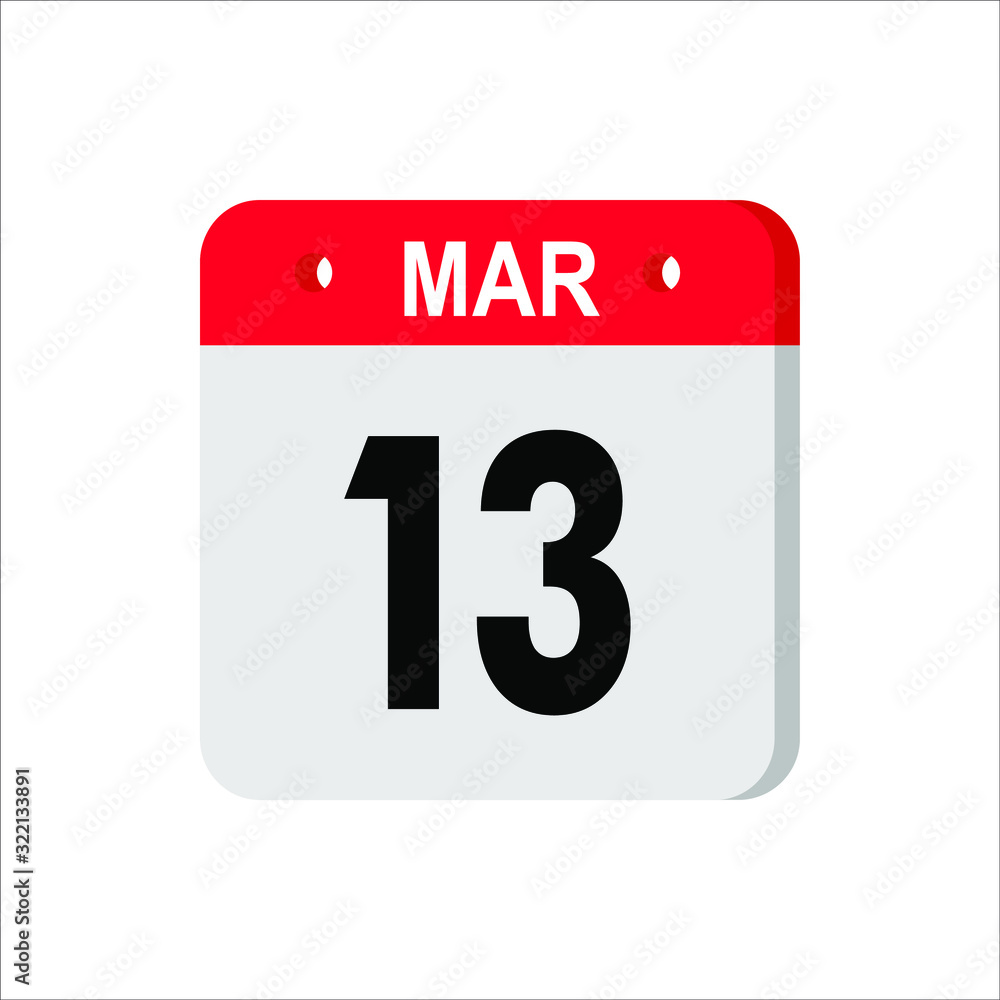 March 13 - Calendar Icon. Calendar Icon with shadow. Flat style. Date, day and month. Reminder. Vector illustration. Organizer application, app symbol. Ui. User interface sign. EPS 10 March 13 - Calendar Icon. Calendar Icon with shadow. Flat style. Date, day and month. Reminder. Vector illustration. Organizer application, app symbol. Ui. User interface sign. EPS 10