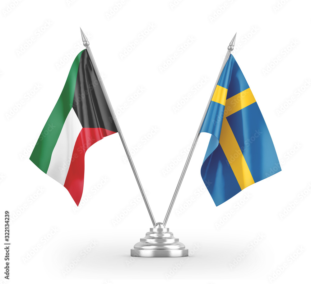 Sweden and Kuwait table flags isolated on white 3D rendering Sweden and Kuwait table flags isolated on white 3D rendering