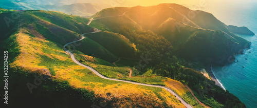 Photography Aerial view of Marin Headlands and Golden Gate bay at sunset