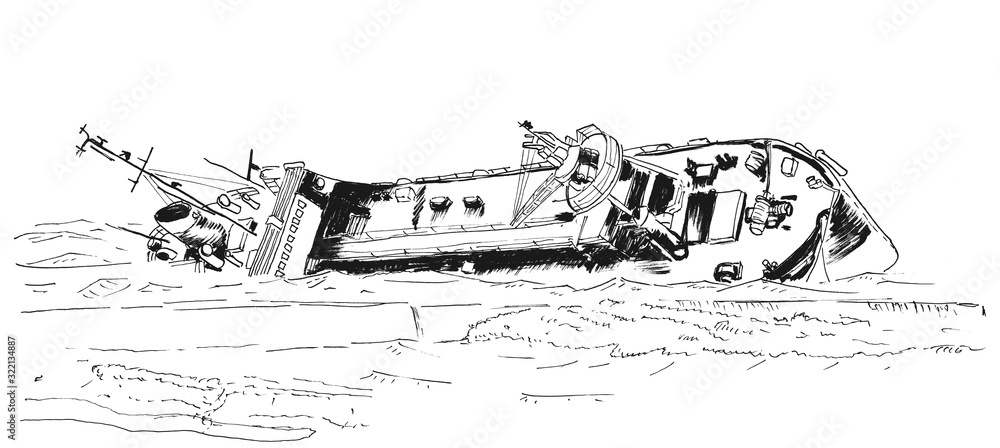 Obraz premium Ink seascape with old wrecked tanker ship. Watercolor modern illustration