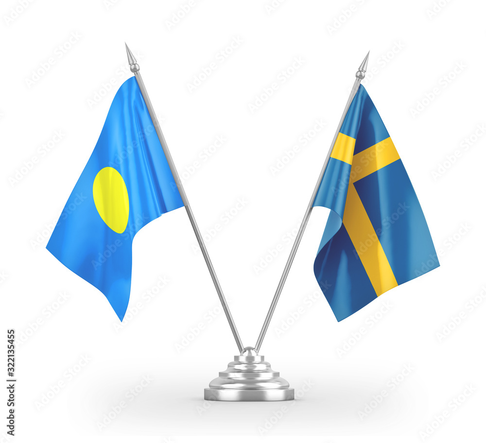 Sweden and Palau table flags isolated on white 3D rendering Sweden and Palau table flags isolated on white 3D rendering
