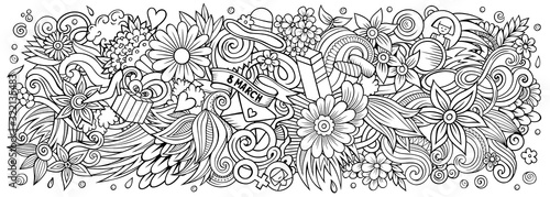 Happy Womens Day hand drawn cartoon doodles illustration. Line art vector banner