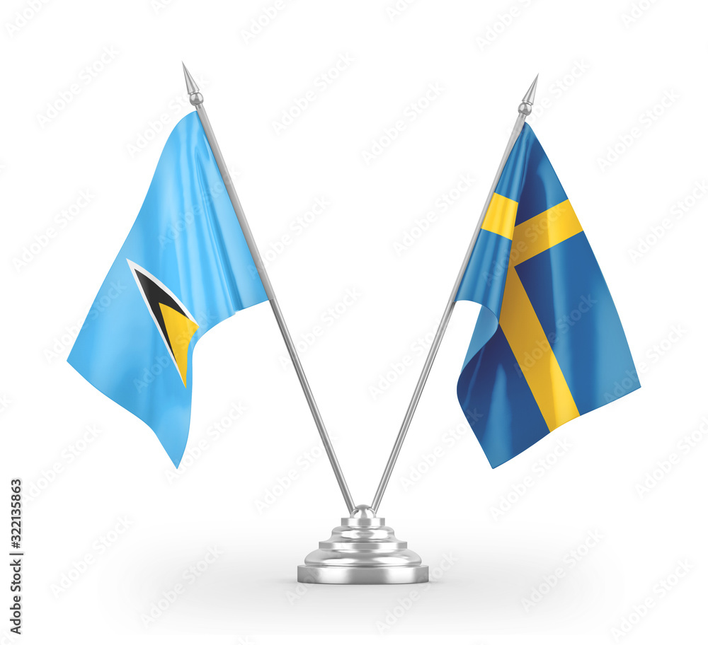 Sweden and Saint Lucia table flags isolated on white 3D rendering Sweden and Saint Lucia table flags isolated on white 3D rendering
