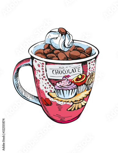 A pink glass of hot chocolate with foam in vintage style. Hand drawn engraved retro sketch for labels. Hot drink. Chocolate template for a label or menu. 