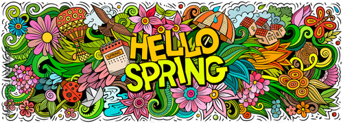 Hello Spring hand drawn cartoon doodles illustration. Colorful vector banner
