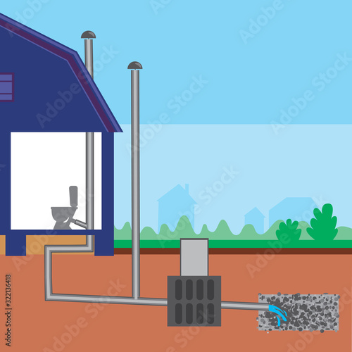 A Sewer pipe and filtration and reuse system as an eco concept, a vector stock illustration with a village house and toilet