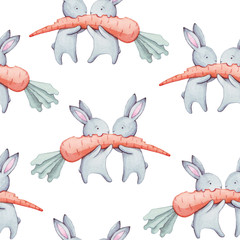Wandcirkels Aquarel prints patronen Beautiful seamless watercolor pattern with cute rabbits and carrot. Perfect for your project, packaging, wallpaper, cover design, invitations, happy birthday, valentine's day.  © BloomPix