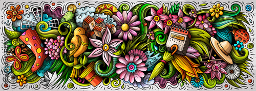 Spring hand drawn cartoon doodles illustration. Colorful vector banner