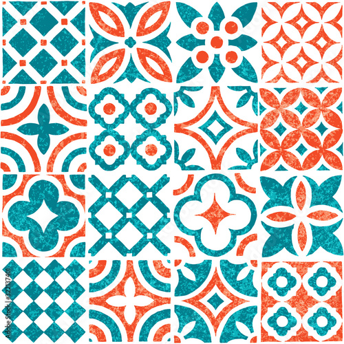 Tile seamless pattern. White, orange and blue colors. Hand-drawn ornament in patchwork style. Grunge texture. Print for textile, wallpaper, packaging, cover. Vector illustration.