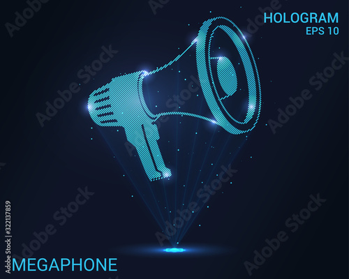 Hologram megaphone. A holographic projection of the megaphone. Flickering energy flux of particles.