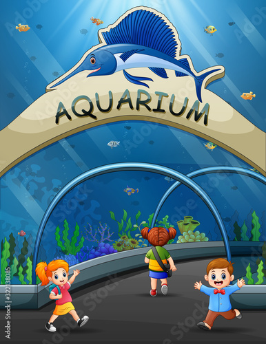 Cartoon children walk to underwater museum