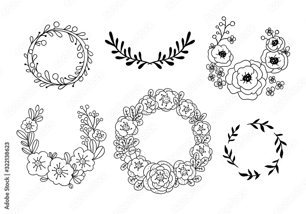 Fototapeta premium Beautiful wreaths illustrations on white background. Vector floral wreaths and botanical frames outline set