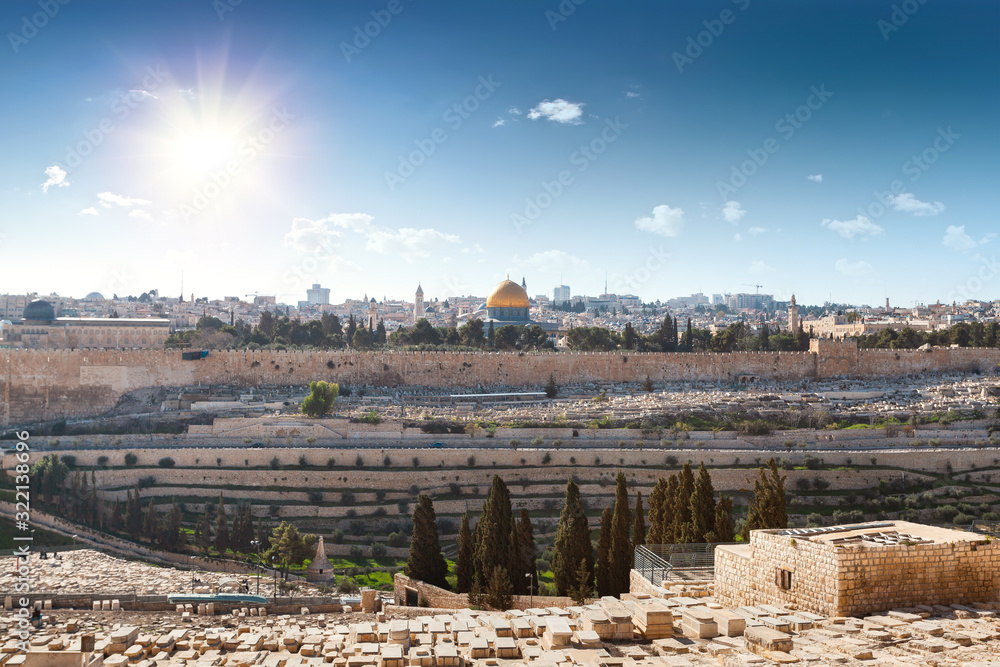 View from the Mount of Olives to Dome of the Rock and the old city of Jerusalem, Israel