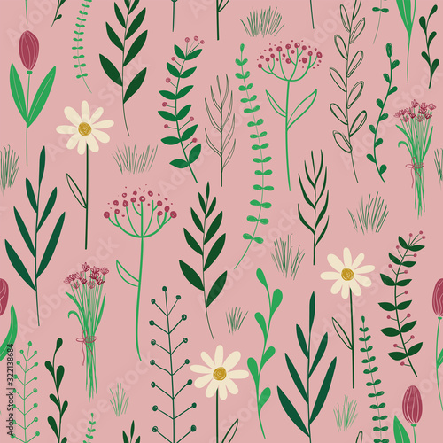 Rustic seamless pattern with wildflowers.