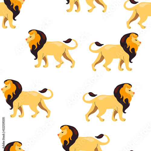 Lion, cats, cartoon animal vector seamless pattern on white background. Concept for print, cards, wallpaper, wrapping paper 