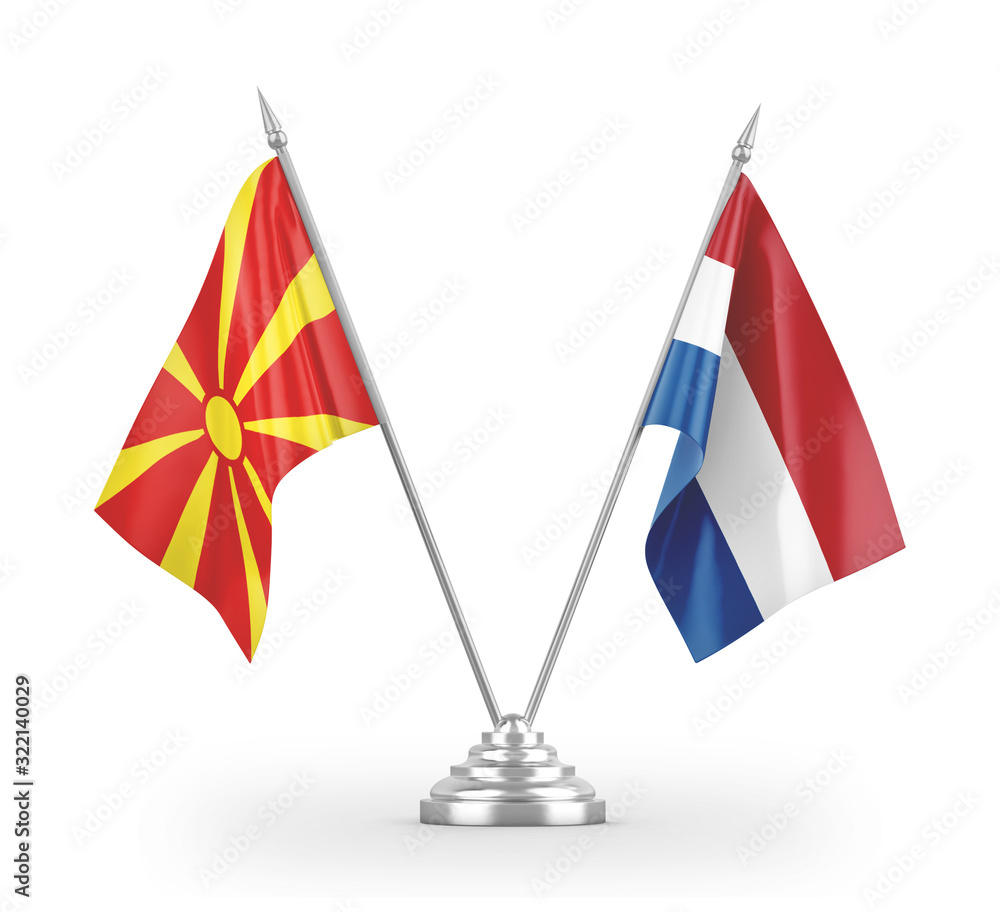 Netherlands and North Macedonia table flags isolated on white 3D rendering Netherlands and North Macedonia table flags isolated on white 3D rendering