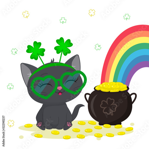 St. Patrick s Day greeting card. Cute gray kitten in a rim of clover and glasses sitting, a bowler hat with gold coins, a rainbow. Cartoon style, flat design. Vector illustration