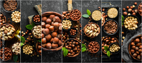 Collage. Black background of nuts. Assortment of nuts.