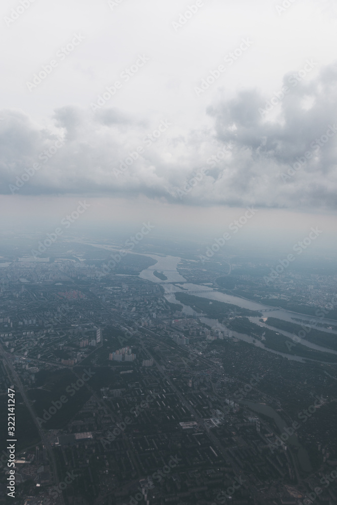 Kiev city with airplane window, Ukraine