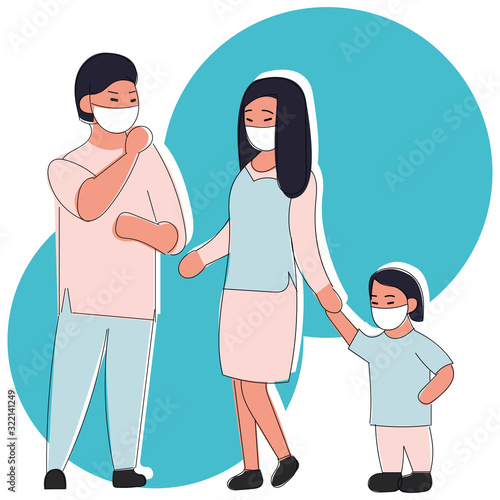 Family in a protective mask. Vector illustration for design isolated on a white background. Young man woman child protected. Health care. Mask for the face. Anti-influenza anti-dust antivirus