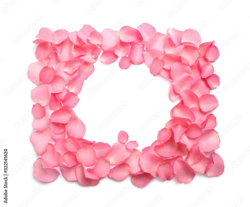 Frame made of pink rose petals on white background, top view