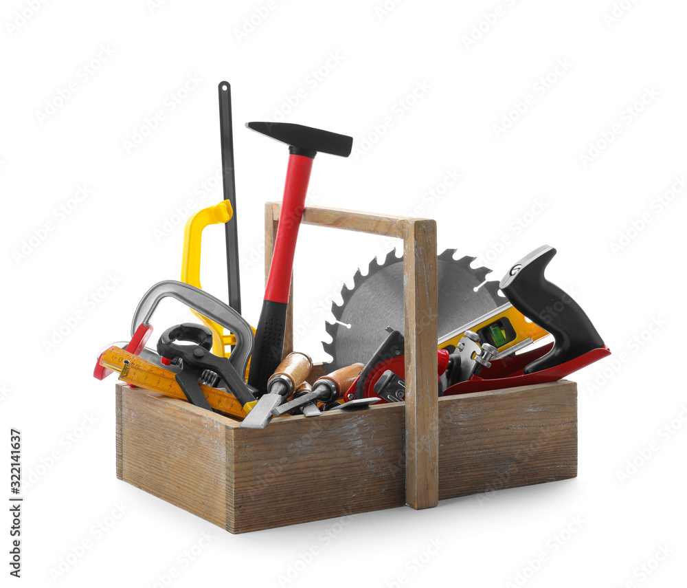 Wooden box with carpenter's tools isolated on white Wooden box with carpenter's tools isolated on white