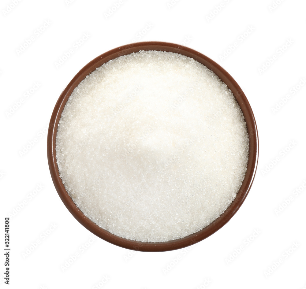 Granulated sugar in bowl isolated on white, top view Granulated sugar in bowl isolated on white, top view