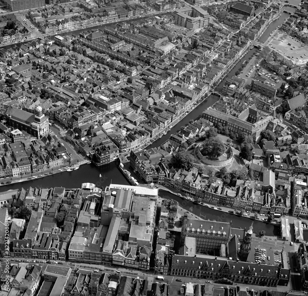 Leiden, Holland, May 30 - 1975: Historical aerial photo of the center of Leiden,Holland in black and white