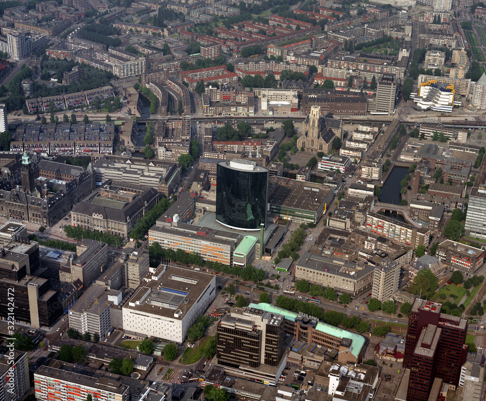 Rotterdam, Holland,August 8 - 1988: Historical aerial photo of the center of Rotterdam, Holland