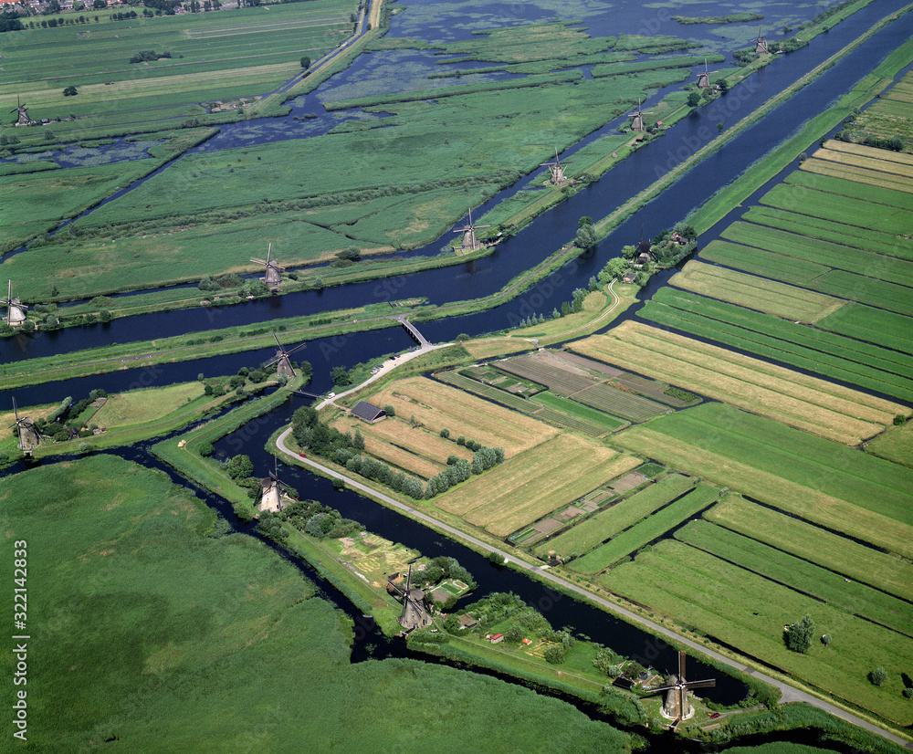 Kinderdijk, Holland, June 20 - 1989: Historical aerial photo of the windmills in kinderdijk, Holland