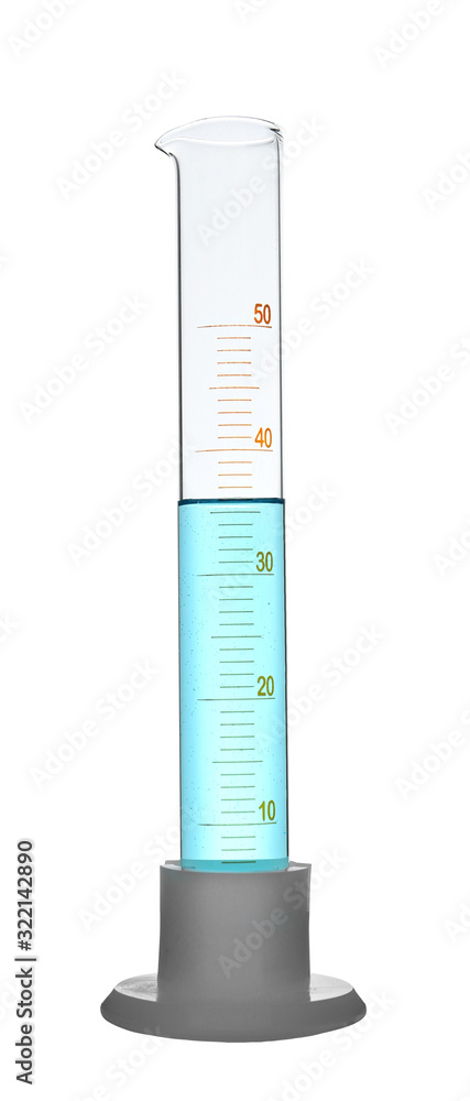 Graduated cylinder with light blue liquid isolated on white Graduated cylinder with light blue liquid isolated on white