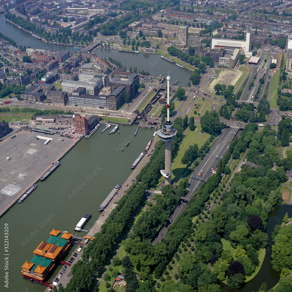 Rotterdam, Holland,June 20 - 1995: Historical aerial photo of Euromast in Rotterdam, Holland