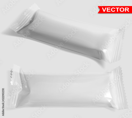 White empty blank polyethylene package. Mockup set for snack product, chocolate bar, sweet stick. Layered vector packaging.