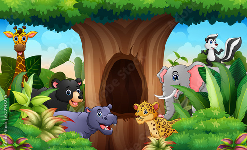 Zoo animals under the hollow tree landscape