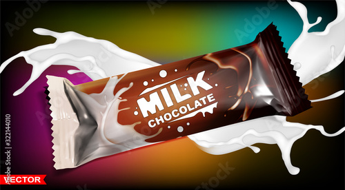 Colorful polyethylene package for chocolate bar with milk splashes. Mockup set for snack product, sweet stick. Gradient layered vector packaging.
