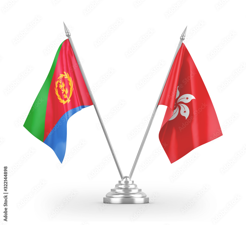 Hong Kong and Eritrea table flags isolated on white 3D rendering Hong Kong and Eritrea table flags isolated on white 3D rendering