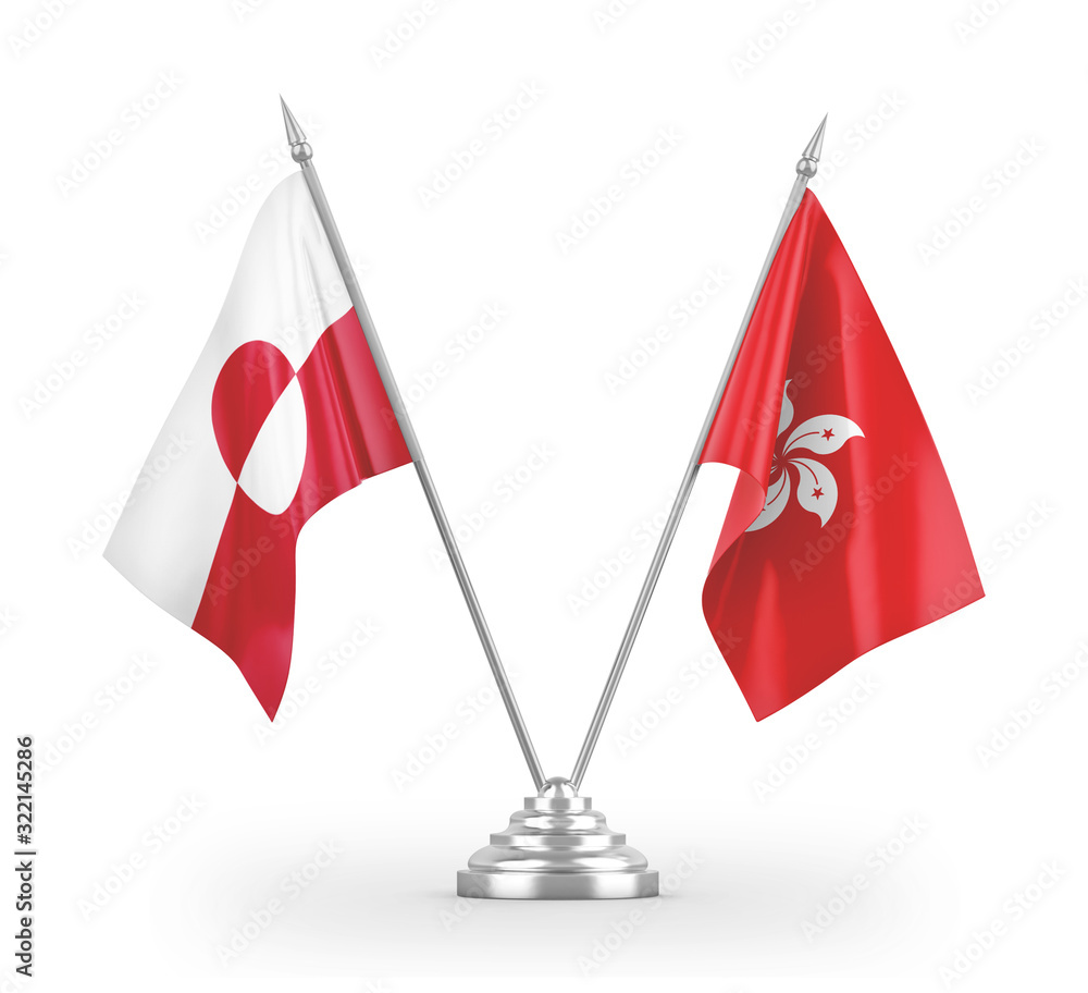 Hong Kong and Greenland table flags isolated on white 3D rendering Hong Kong and Greenland table flags isolated on white 3D rendering