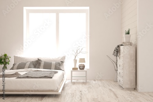 Plakat Stylish bedroom in white color. Scandinavian interior design. 3D illustration