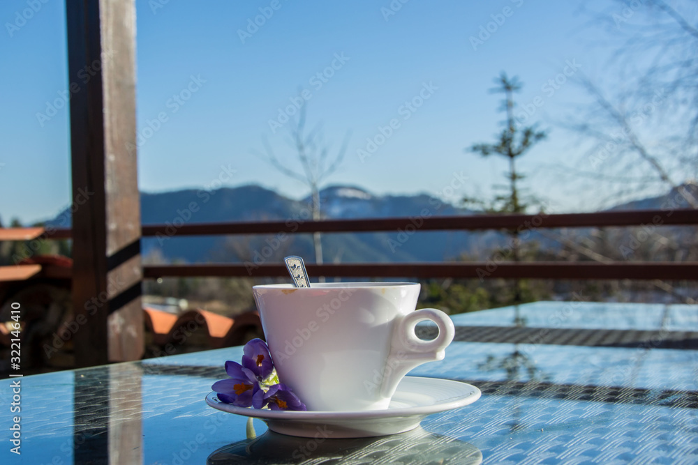 A cup of coffee outdoors, close-up of a hot beverage and tiny purple flowers - saffron, crocus sativus, and mountain in the background 