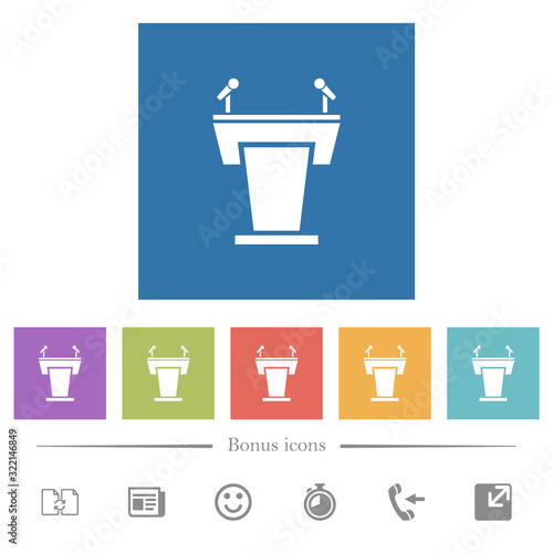 Conference podium with microphones flat white icons in square backgrounds