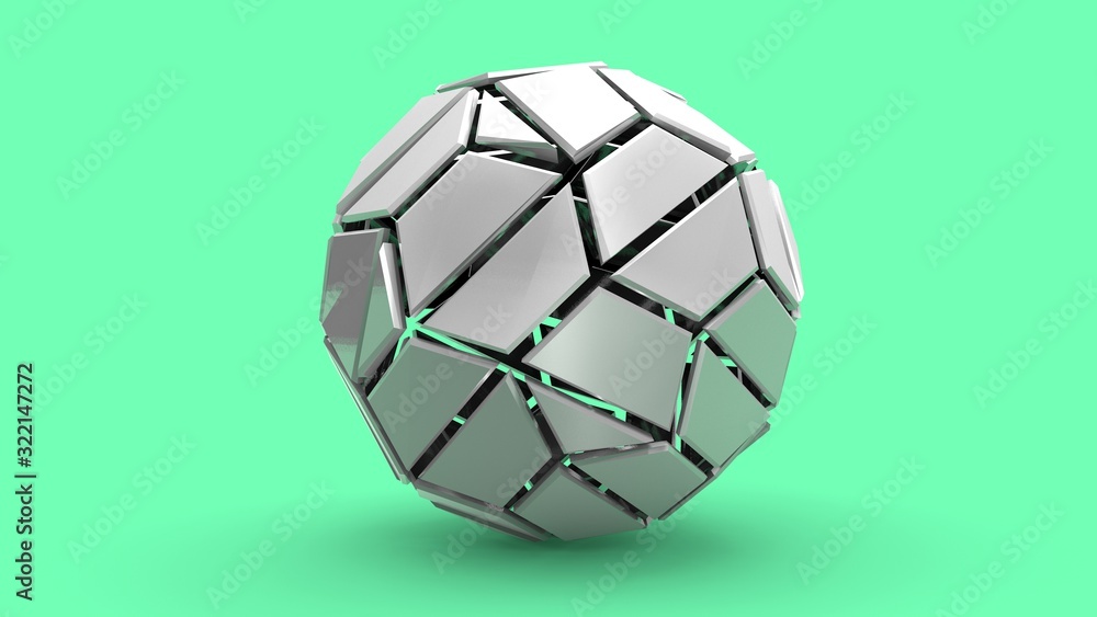3D rendering of the Platonic body. A geometric shape made of metal and plastic, assembled from separate elements, in space, isolated on the background. Abstract illustration for compositions.