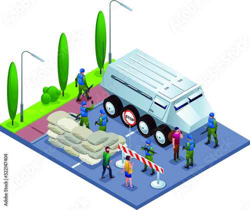 Peacekeepers Blue Helmets checks documents of citizens in roadblock Illustration isometric icons on isolated background