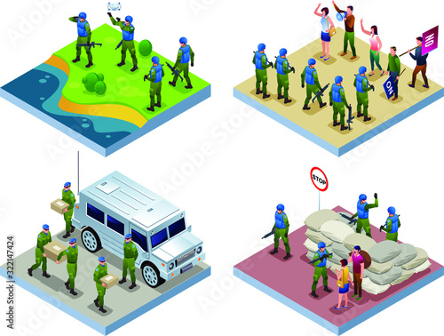 Peacekeepers Blue Helmets United Nations 2X2 illustration isometric icons on isolated background