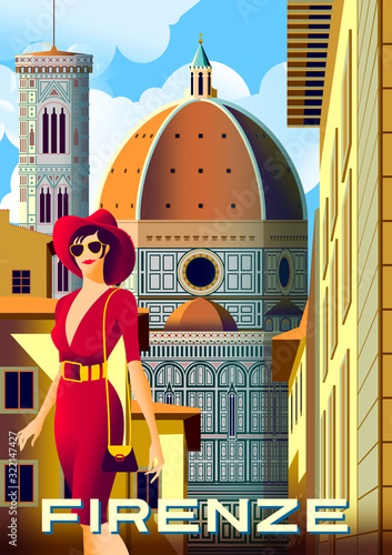 Young woman on the street in front of the Santa Maria del Fiore Cathedral in Florence, Italy.