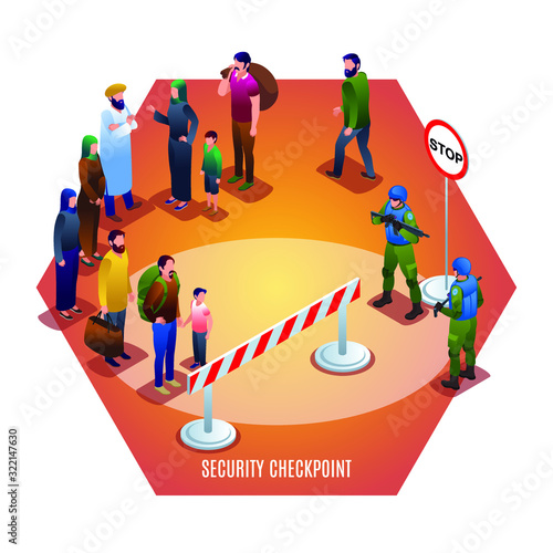 Security Checkpoint of Peacekeepers Blue Helmets Illustration isometric icons on isolated background