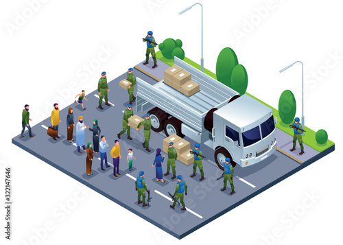 Peacekeepers Blue Helmets United Nations delivered humanitarian aid to the city center illustration isometric icons on isolated background