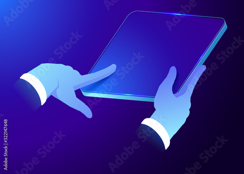 Hands holding device. Digital technology concept. Isometric vector illustration