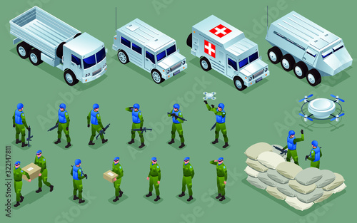 Peacekeepers Blue Helmets United Nations Set isometric icons on isolated background